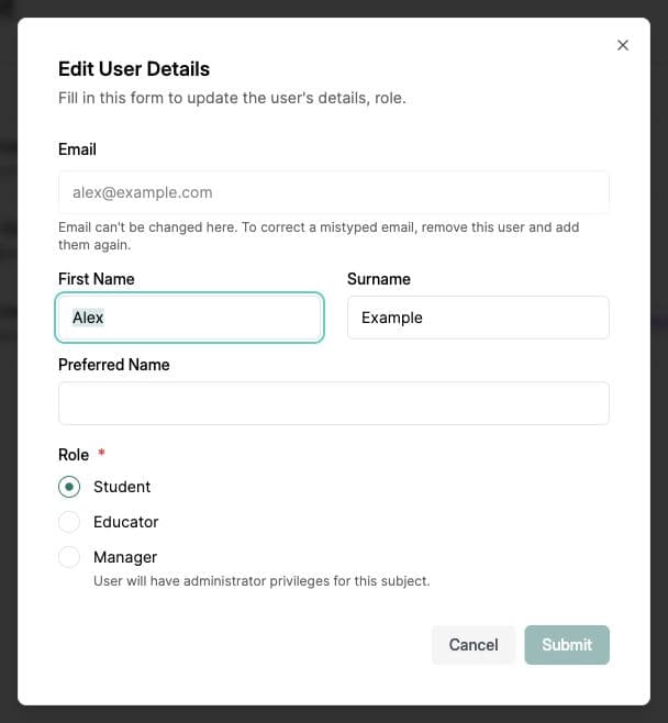 Edit user dialog for a fictional member, with Student, Educator and Manager role choices.