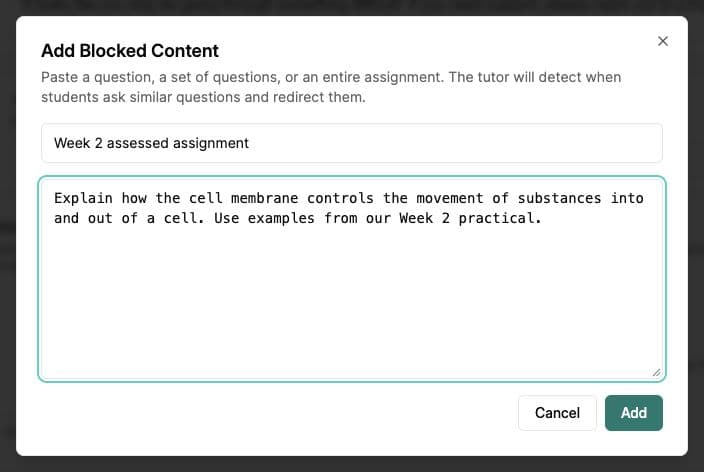 Add Blocked Content dialog with a sample assessment title and content.