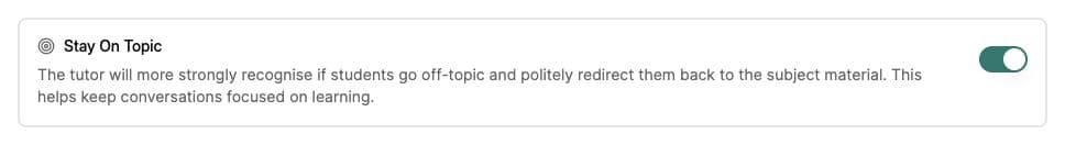 Content Moderation tab with the 'Stay On Topic' switch toggled on, showing its description and target icon.