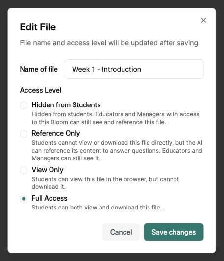 Edit File dialog showing the four student access levels. Educators and Managers retain access to hidden and reference-only files.