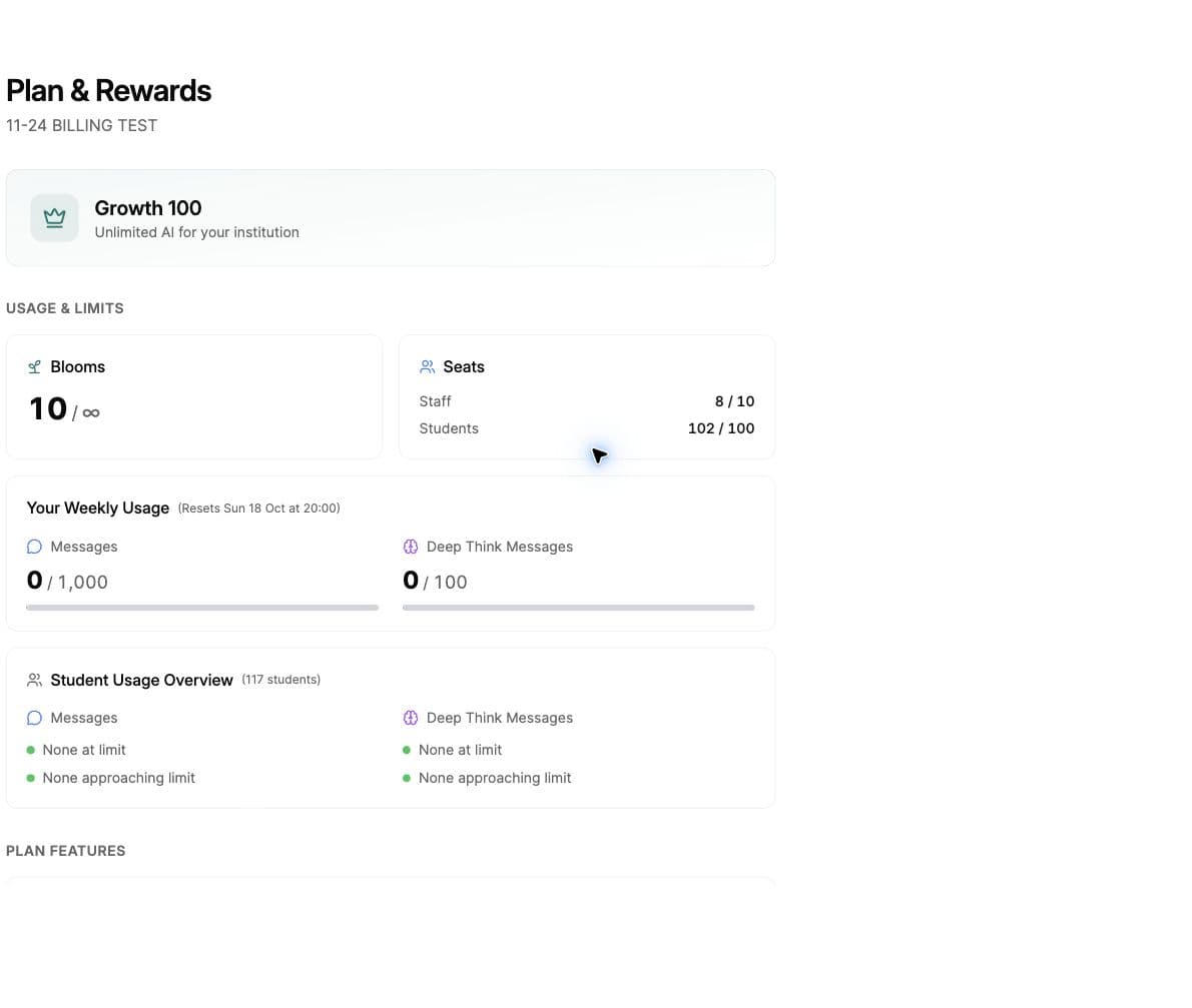 Plan & Rewards page in a local billing test space, showing its plan, seats and weekly usage.