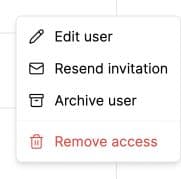 User row menu with actions for editing, invitations, archiving and removing access.