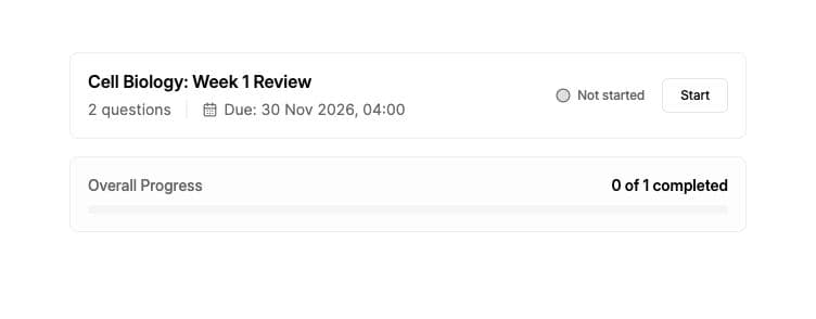 Student quiz list with an example quiz marked Not started.