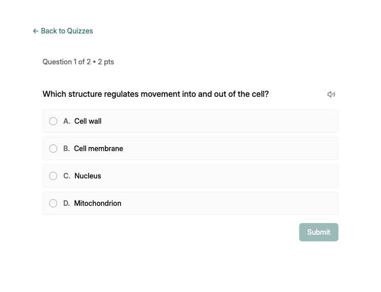 Example multiple-choice quiz question with answer options and a Submit button.