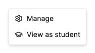 Bloom actions menu with Manage and View as student options.