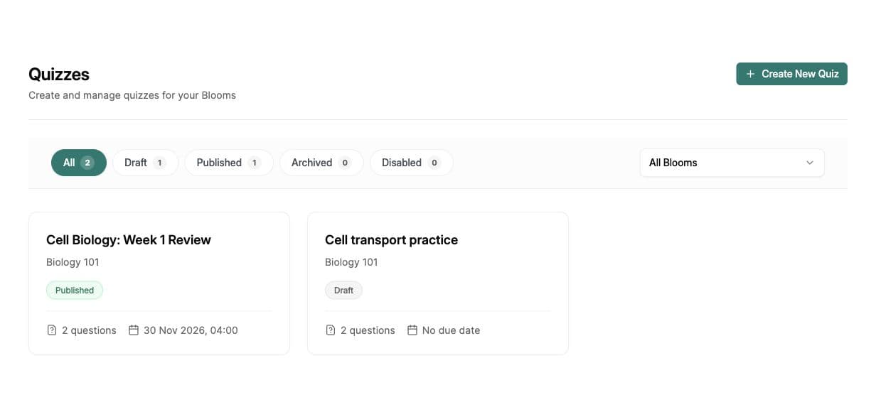 Manage Quizzes with two example quizzes and the Create Quiz button.