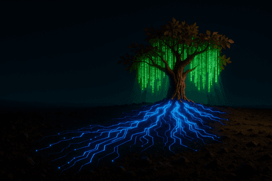 Tree of knowledge illustration representing Bloom AI tutor technology with glowing roots and branches