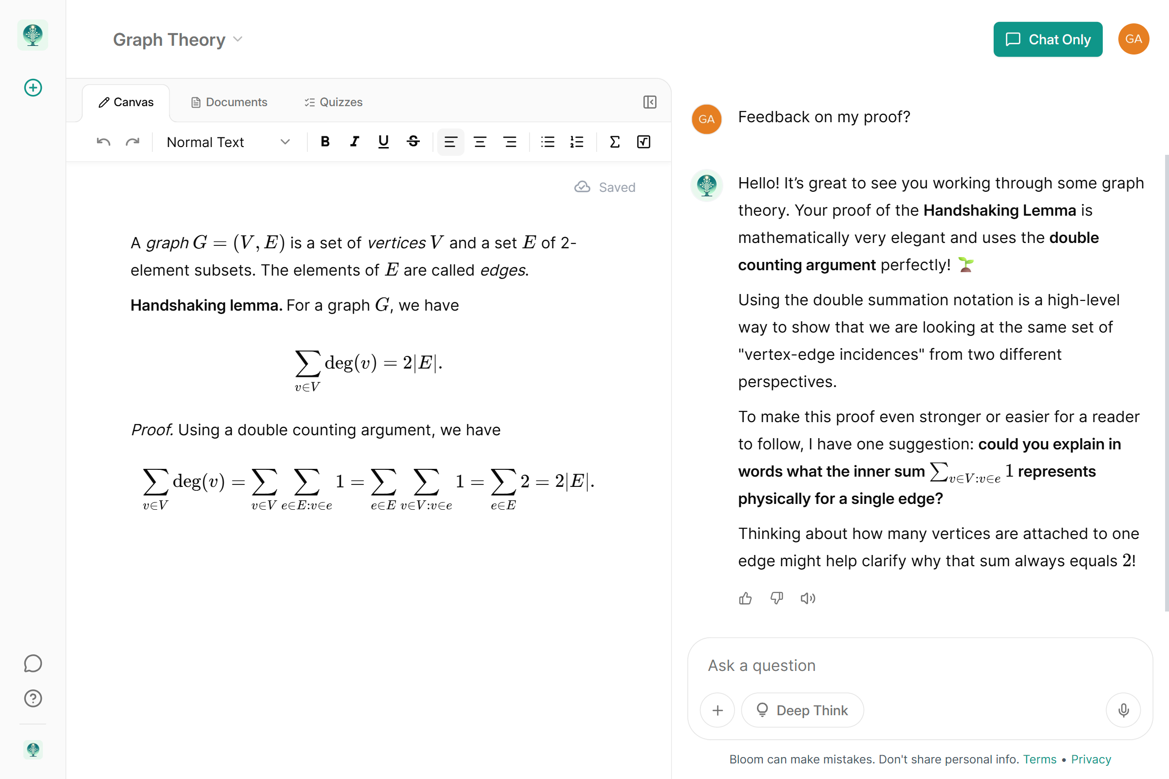 Canvas interface with Bloom AI tutor on the side