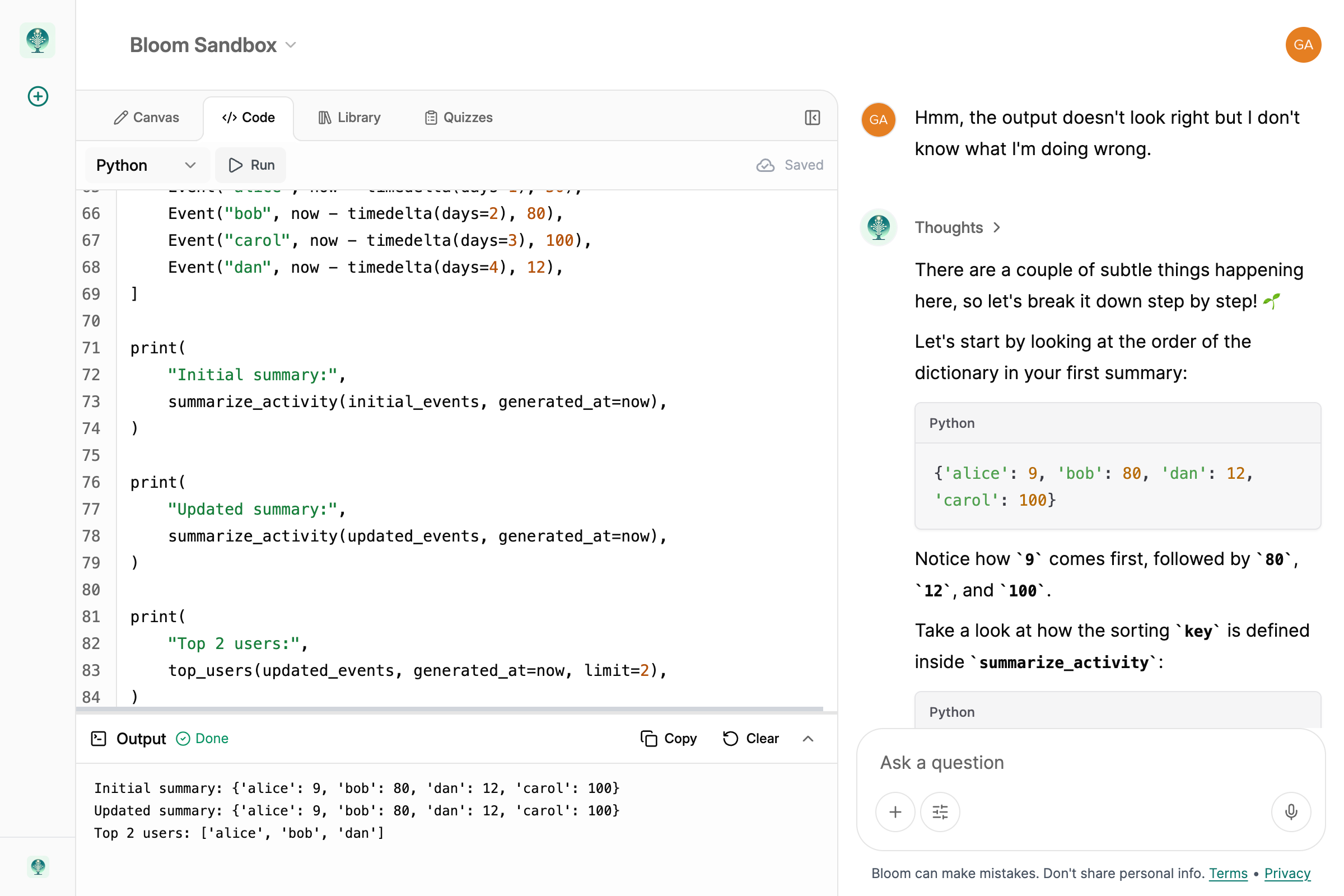 Bloom coding workspace with a Python editor, code output and AI tutor