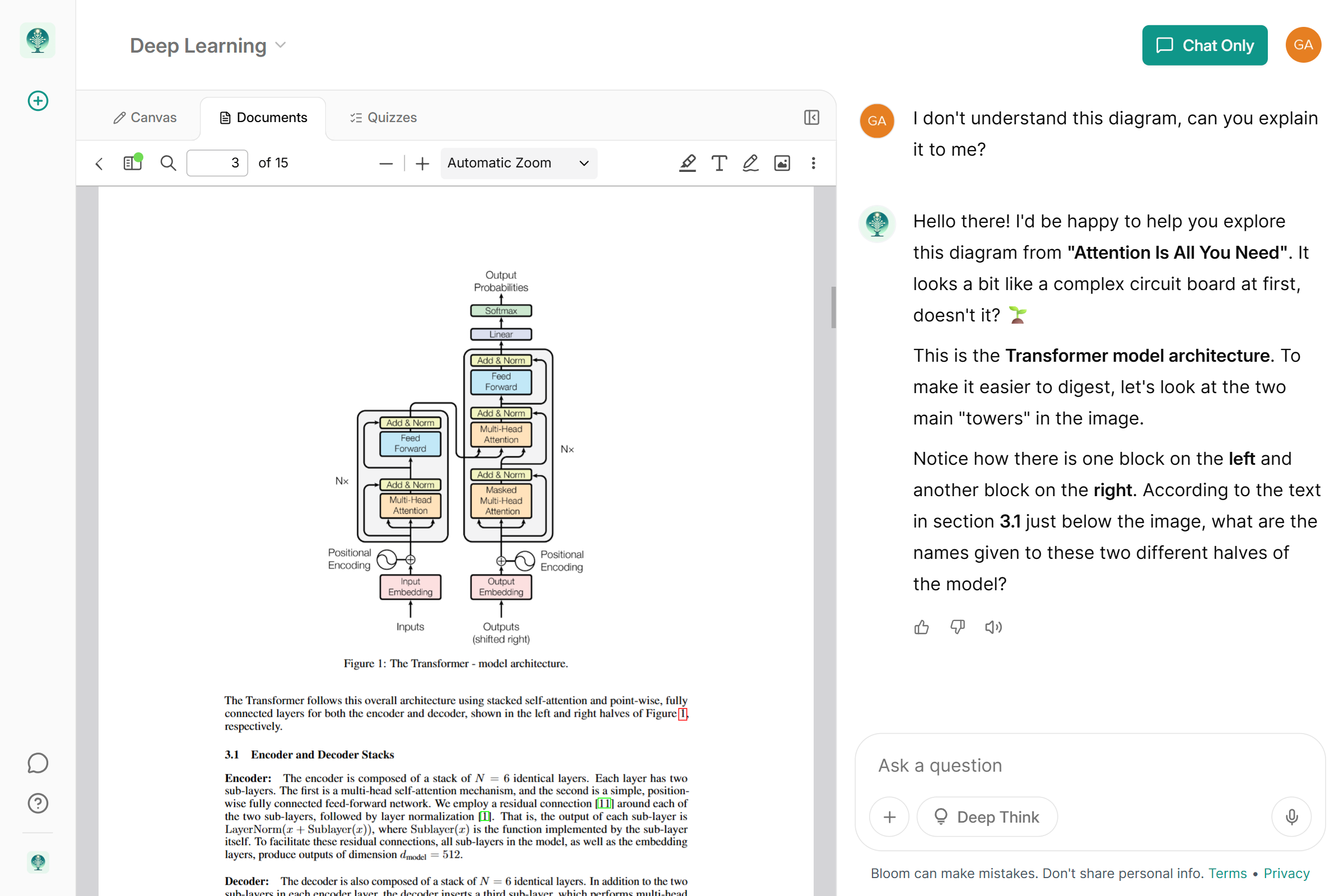 Document viewer interface with Bloom AI tutor on the side
