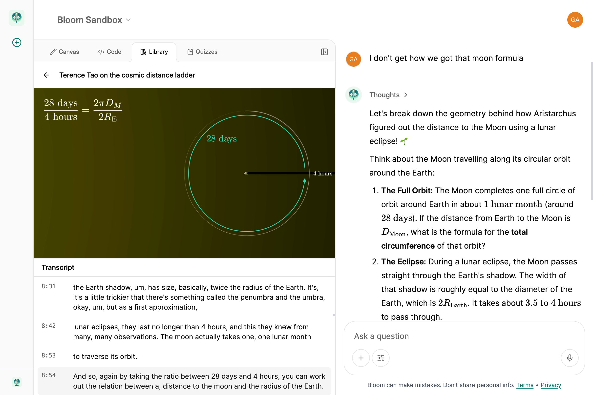 Bloom video workspace with a video player, full transcript and AI tutor