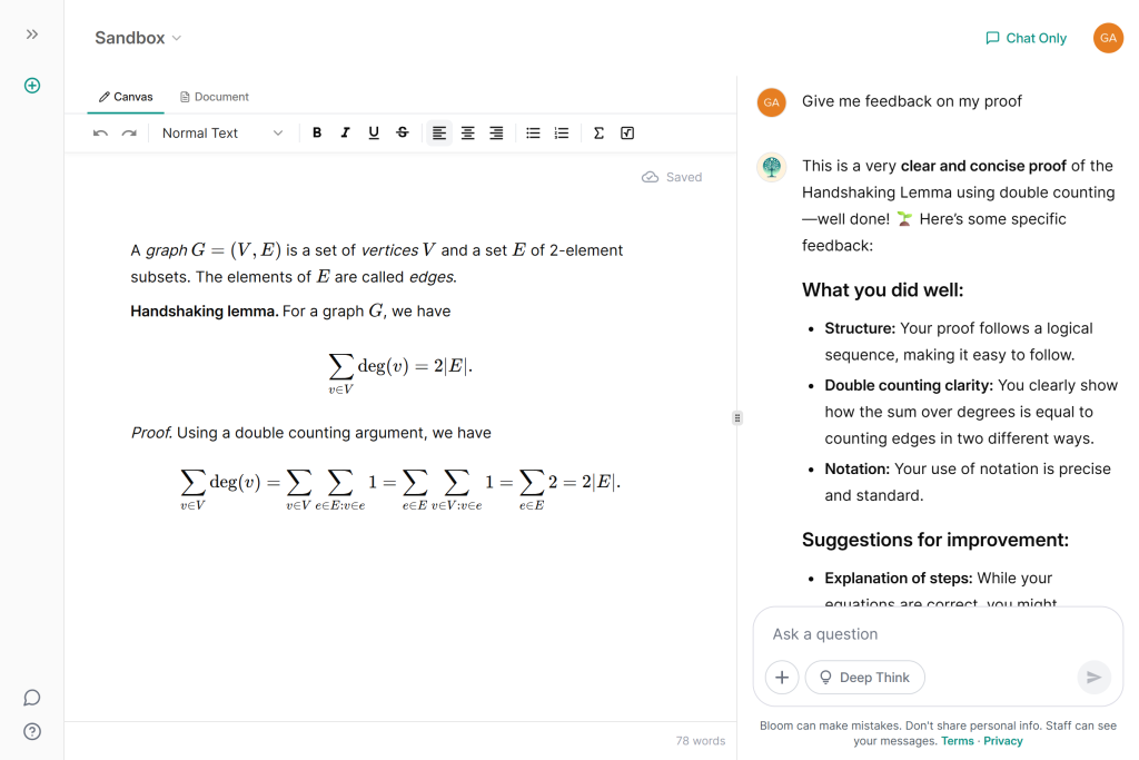 Bloom AI Tutor's canvas interface showing mathematics equations and Bloom providing feedback